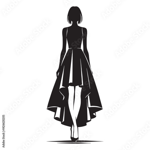 Sophisticated High-Low Dress silhouette, drama in every step – High-Low Dress illustration – Minimalist High-Low Dress vector – Ladies dress silhouette

