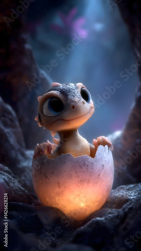 Obraz na płótnie Hatching Wonder: Adorable Baby Dragon Emerging from a Fiery Egg w salonie