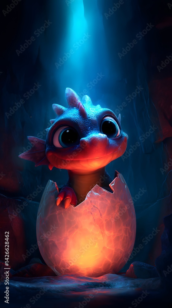 Hatching Wonder: Adorable Baby Dragon Emerging from a Fiery Egg