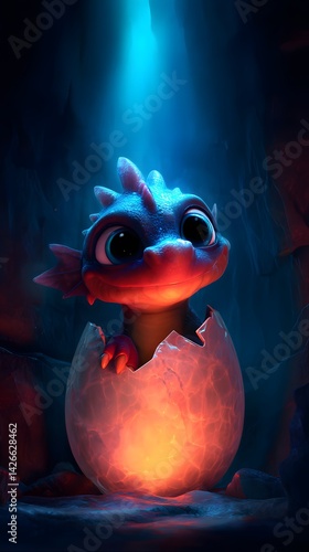 Hatching Wonder: Adorable Baby Dragon Emerging from a Fiery Egg