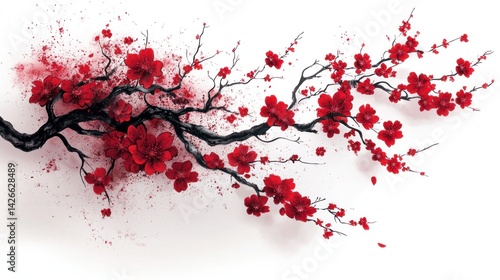 Crimson Blossom Cascade A dark branch bursts with red cherry blossoms on a pristine white canvas