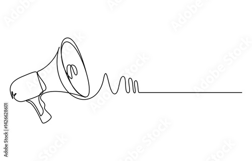 Line art megaphone announcement, one continuous single line drawing speaker megaphone