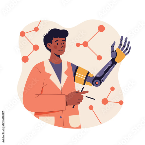 Scientist with prosthetic robotic arm pointing at bionic hand in technology laboratory vector illustration 