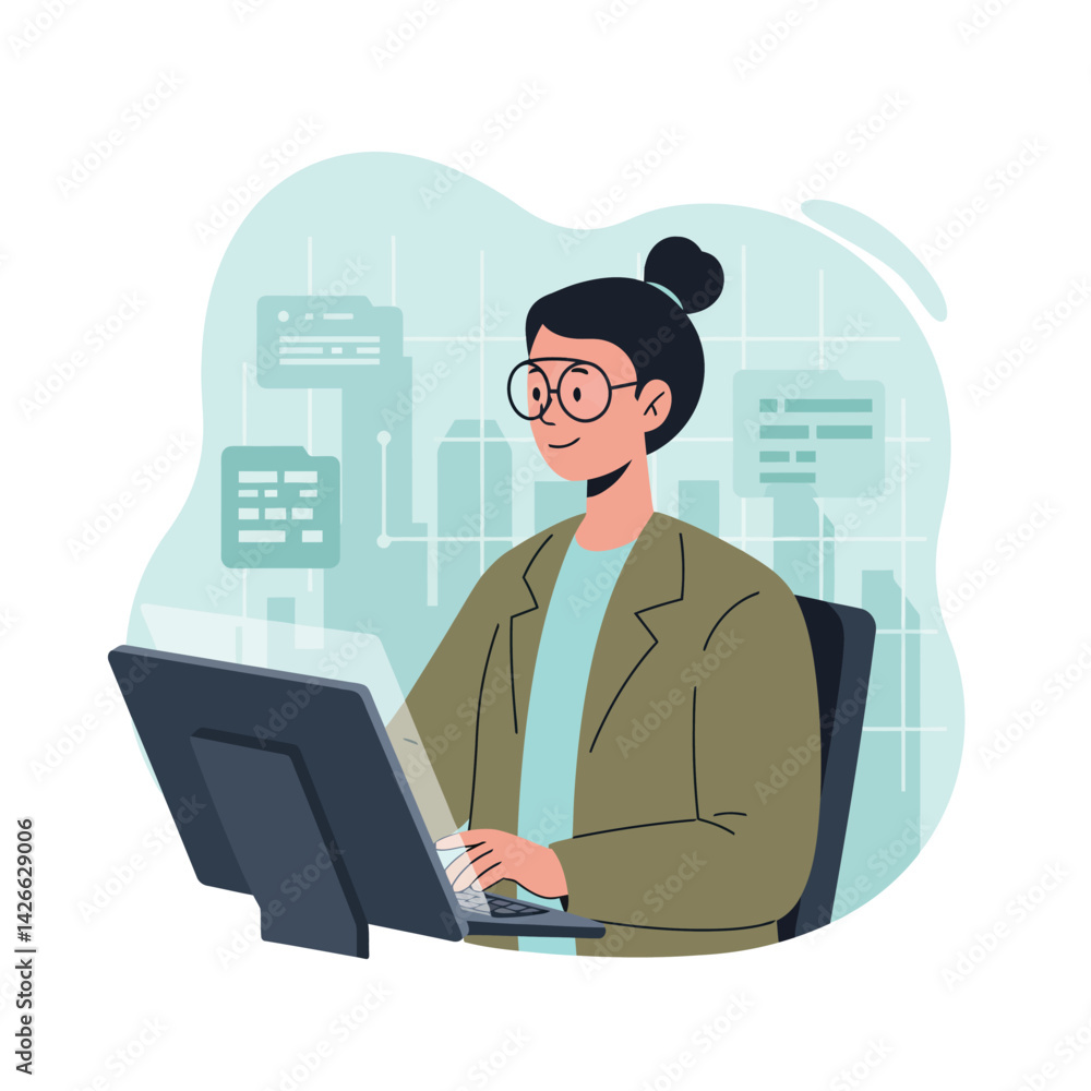 Woman working on computer with glasses and bun hairstyle in office environment vector illustration Woman working on computer with glasses and bun hairstyle in office environment vector illustration