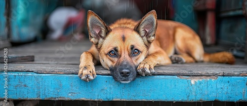 A dejected, mistreated dog sits alone on a weathered, dilapidated porch, its eyes filled with a profound sense of loneliness and despair.