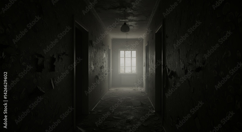 Creepy Corridor with Peeling Walls and a Window at the End Creepy Corridor with Peeling Walls and a Window at the End