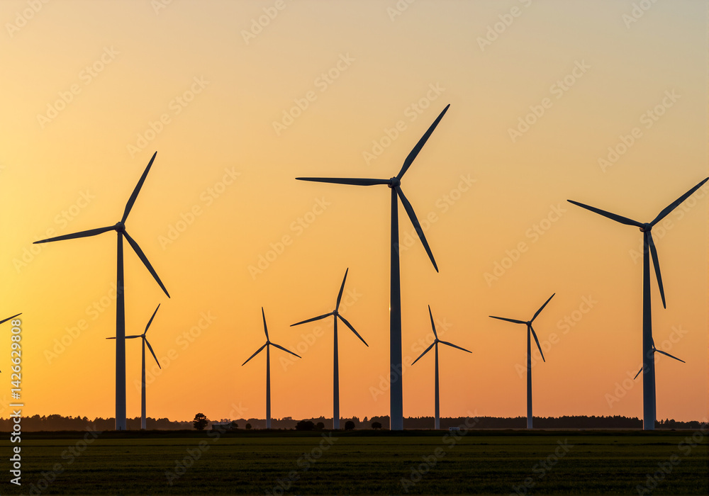 Fototapeta premium Wind Turbines Field Sunset Sustainable Energy Source