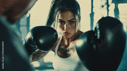Female Boxer Training Intensely With Focus and Power in Gym Setting