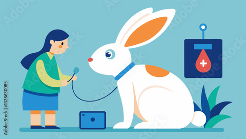 A curious rabbit with a small health monitor clipped to its ear as its owner looks at the screen to see its respiratory rate and calories burned.. Vector illustration