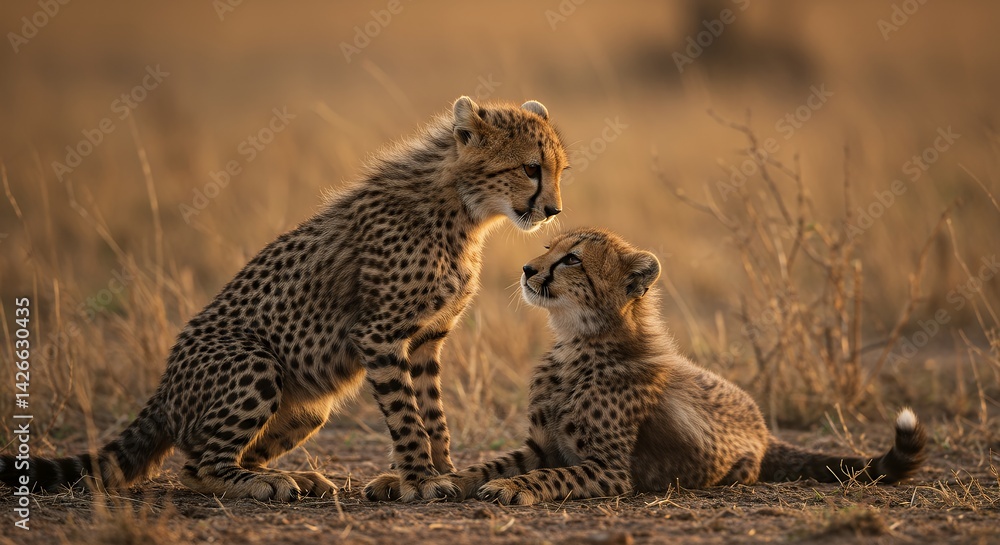 Naklejka premium Cheetah Cubs Interacting in Golden Light
