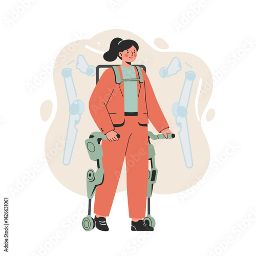 Woman wearing robotic exoskeleton suit for mobility assistance and rehabilitation technology innovation