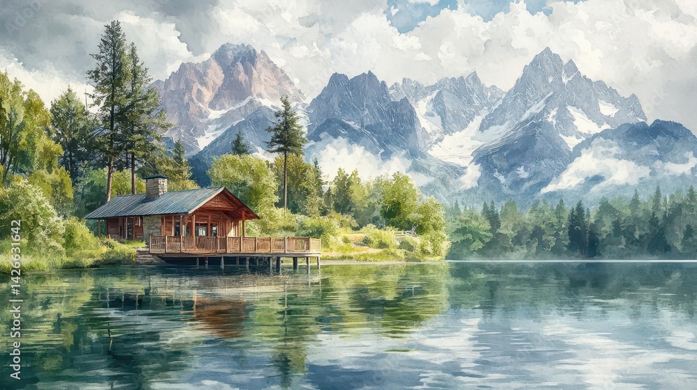 Fototapeta premium Serene mountain cabin nestled on a tranquil lake with breathtaking views.