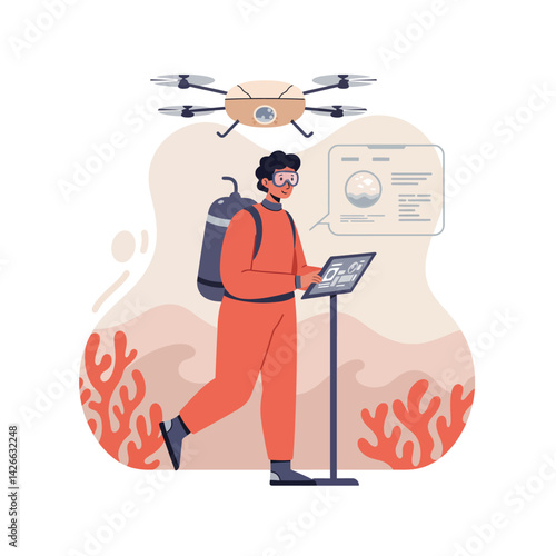 Underwater diver using tablet with drone technology exploring coral reef environment vector illustration 