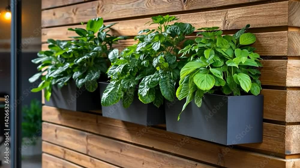 Green Foliage in Black Planters Mounted on Wooden Wall with Interior Lighting Green Foliage in Black Planters Mounted on Wooden Wall with Interior Lighting