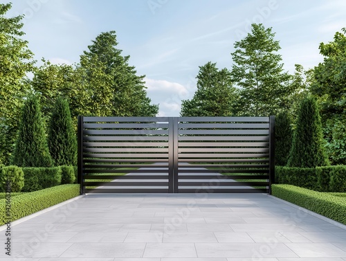 Monochrome stainless steel gate with matte and gloss finish contrast, motorized pivot system, and a hightech aesthetic