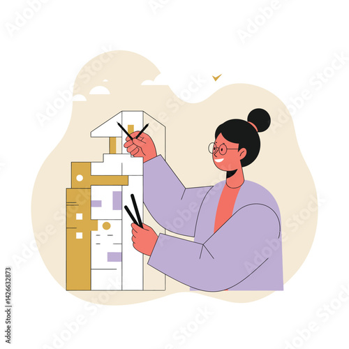 Woman architect designing building plans with ruler and pencil in modern workspace vector illustration 