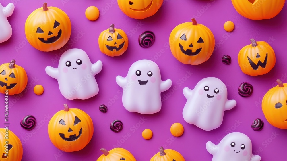 Cute purple ghosts and smiling pumpkins create a playful Halloween pattern on vibrant purple backdrop Cute purple ghosts and smiling pumpkins create a playful Halloween pattern on vibrant purple backdrop