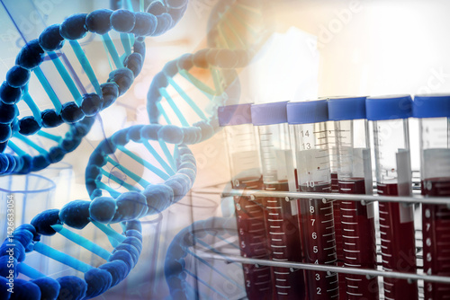 lab technician assistant analyzing a blood sample in test tube to research DNA at laboratory with microscope. Medical, pharmaceutical and scientific research and development concept.	

