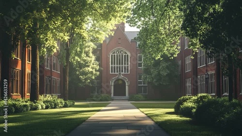 Serene college campus pathway lined with trees and brick buildings