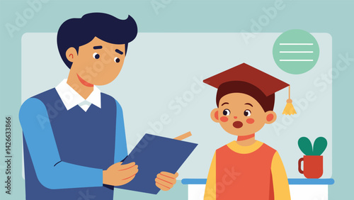 A parent explains to their child that just because they received a merit scholarship it doesnt mean they should disregard applying for other forms of. Vector illustration