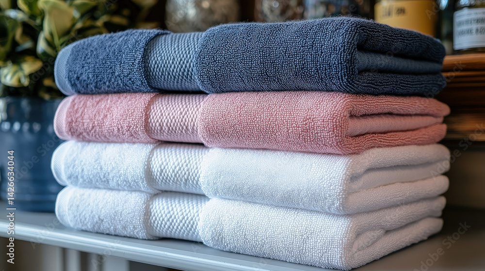 Neatly folded cotton towels in blue, pink, and white are stacked on shelf, creating tidy and inviting display. soft textures and calming colors add touch of elegance Neatly folded cotton towels in blue, pink, and white are stacked on shelf, creating tidy and inviting display. soft textures and calming colors add touch of elegance