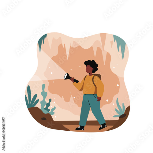 Explorer with flashlight exploring dark cave with rocky walls and plants vector illustration in modern style 