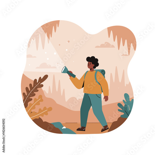 Person exploring cave with flashlight hiking adventure in natural rocky environment vector illustration 