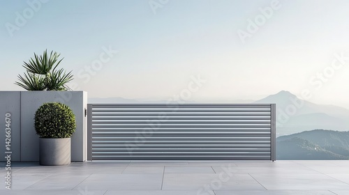 Minimalist horizontalslatted stainless steel gate with automated motorized opening, soft LED integration, and a sleek urban appeal