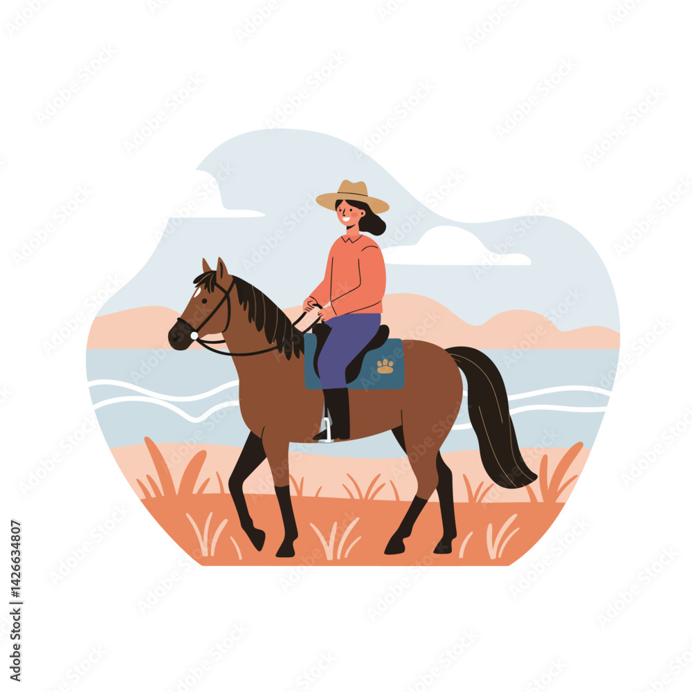 Woman horseback riding on brown horse in nature landscape with blue sky and grass vector illustration Woman horseback riding on brown horse in nature landscape with blue sky and grass vector illustration