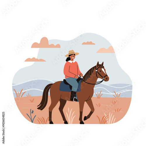 Woman riding brown horse in countryside with hills and clouds vector illustration 