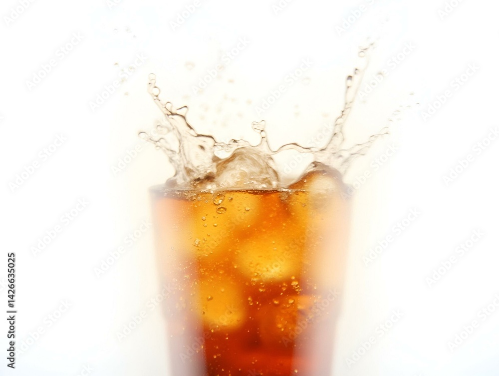 Dynamic motion blur of soda with ice and water droplets on cool white background Dynamic motion blur of soda with ice and water droplets on cool white background