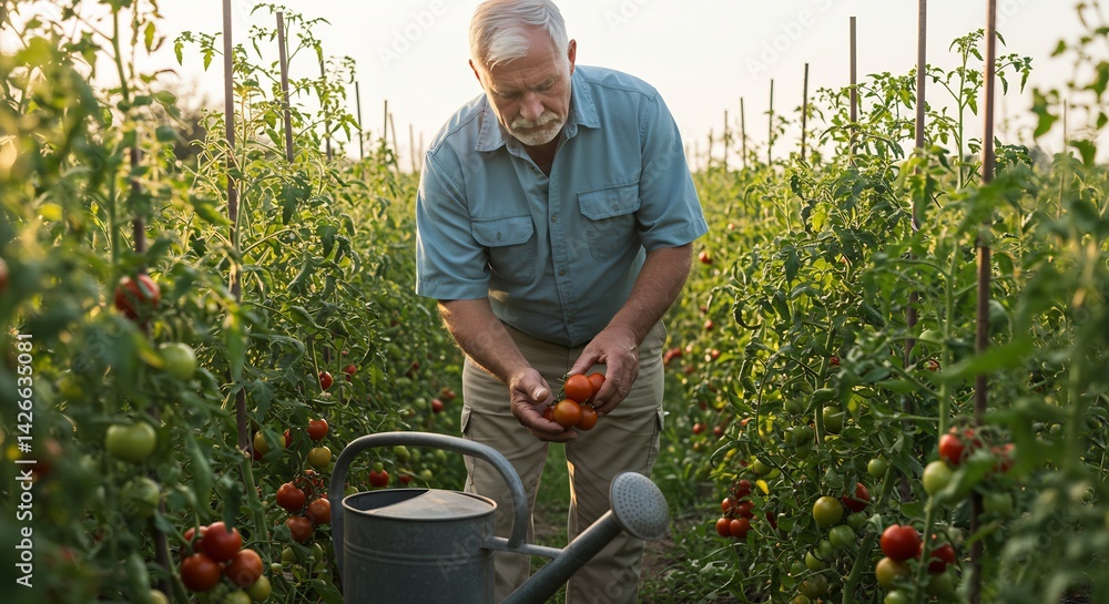Fototapeta premium A senior man is tending his tomato plants in a garden