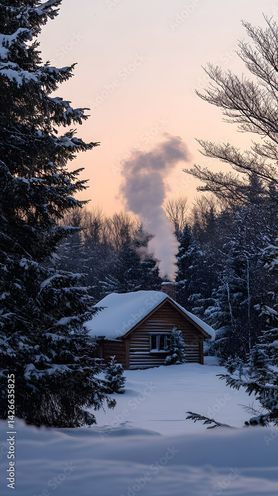 Naklejka premium Wood cabin in snowy forest at sunset with smoke rising from chimney in peaceful winter mountain landscape