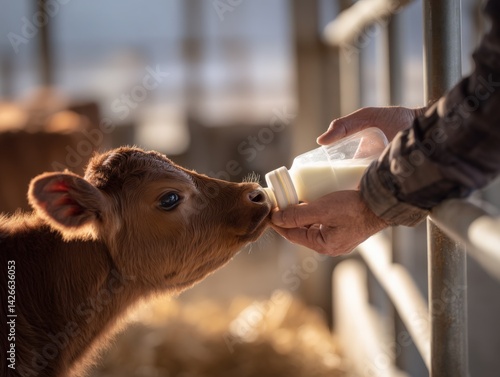 Adorable calf being bottle-fed milk in a barn, representing care and nurture. Ideal for farming, animal welfare, and agricultural education.