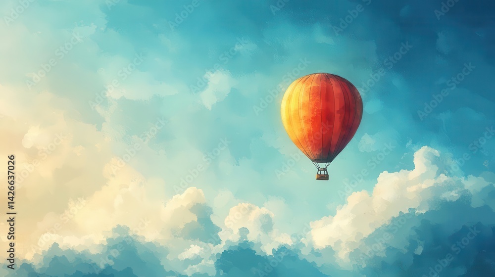 Naklejka premium Single red hot air balloon floating in a blue sky with white clouds.