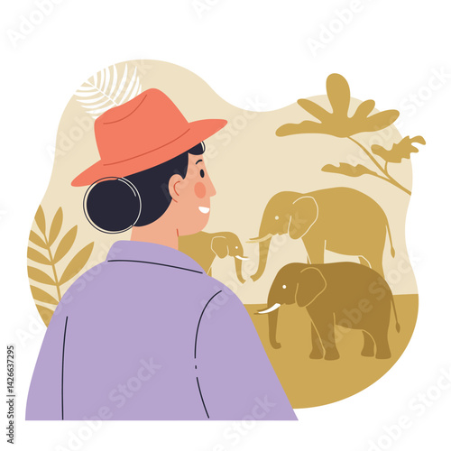 Woman with red hat observing elephants in natural landscape vector illustration with beige and brown tones 