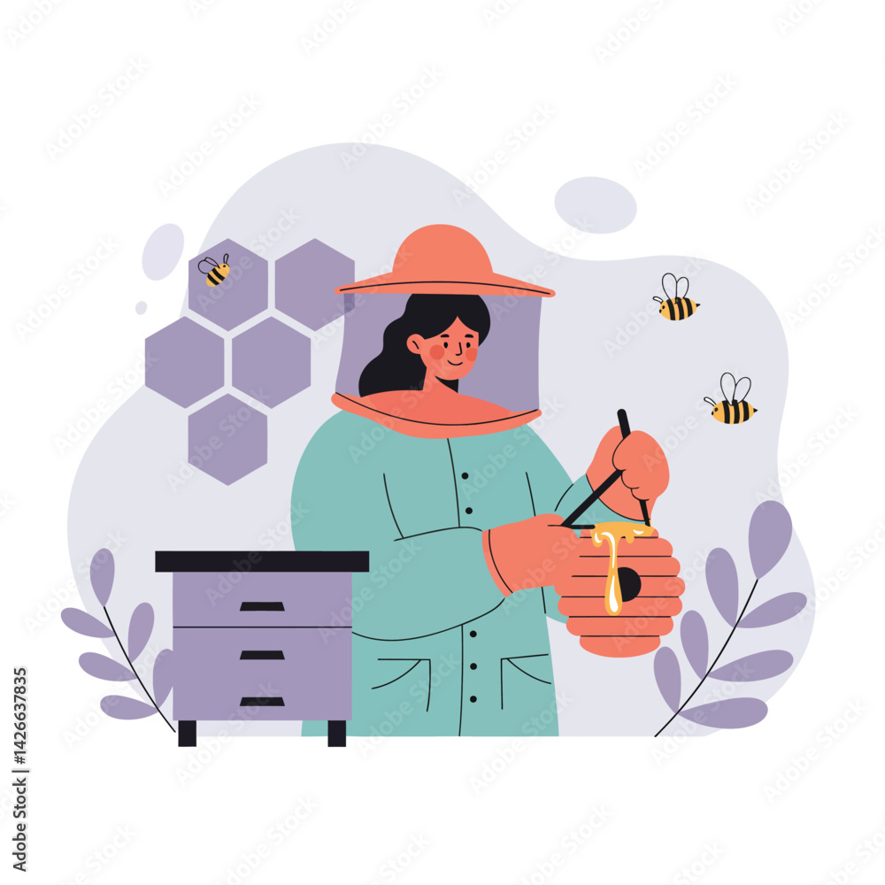 Beekeeper harvesting honey from hive with bees flying around in protective gear vector illustration Beekeeper harvesting honey from hive with bees flying around in protective gear vector illustration