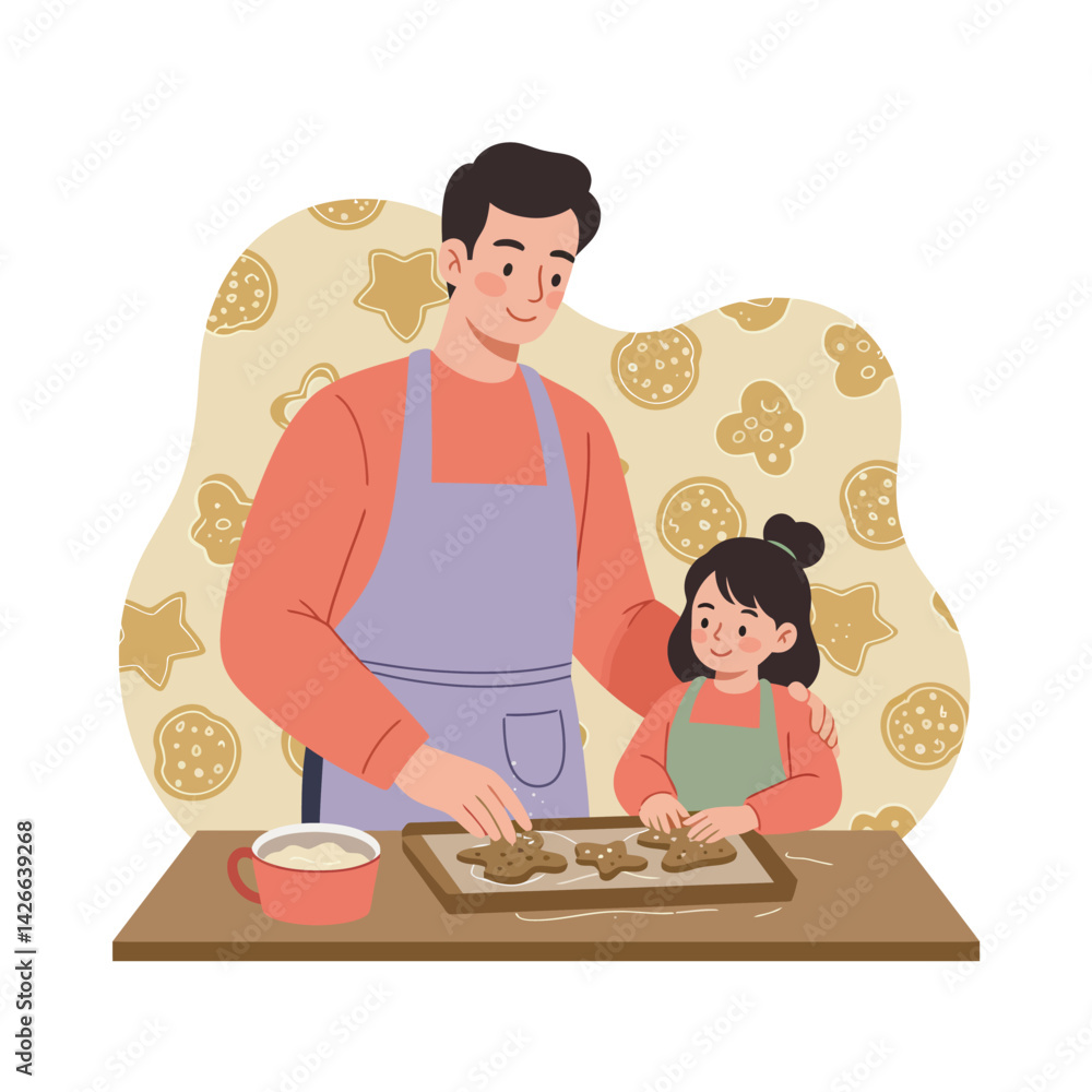 Father and daughter baking cookies together in kitchen for family bonding and holiday celebration scene vector illustration Father and daughter baking cookies together in kitchen for family bonding and holiday celebration scene vector illustration