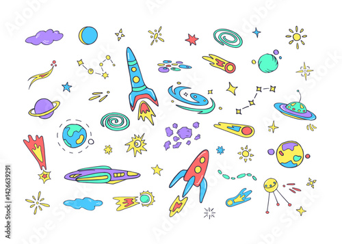 Space for kids, fun sketches. Set of colored cosmos objects on white background, outline design