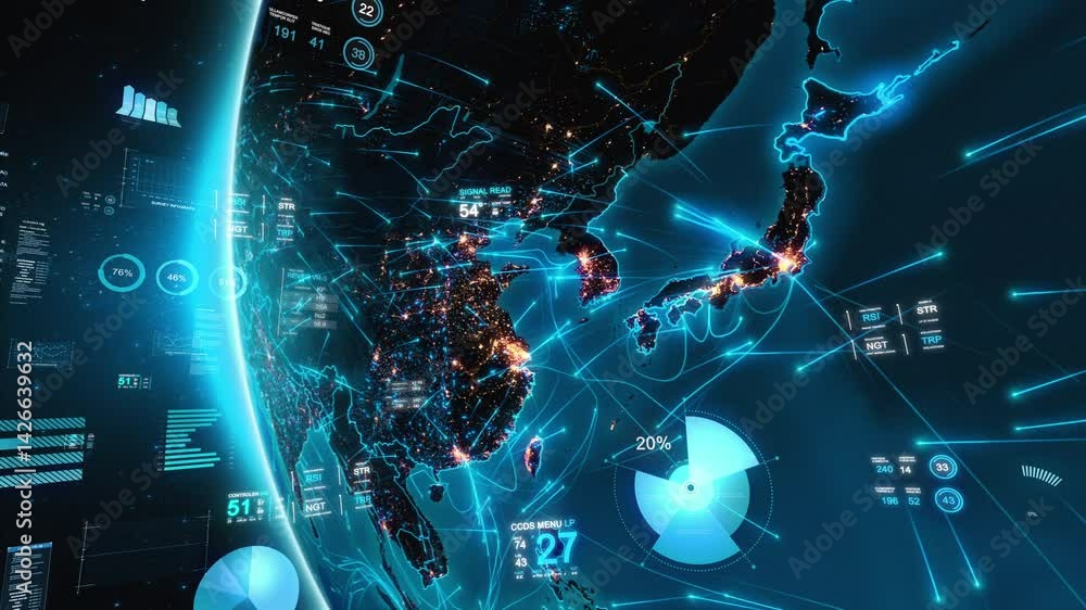 Great Animation of Asia From Space with Financial Charts and Figures. 3D Animation. Futuristic Business and Technology Concept, Artificial intelligence, IOT, AR. China, India, Japan