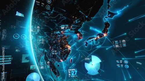Great Animation of Asia From Space with Financial Charts and Figures. 3D Animation. Futuristic Business and Technology Concept, Artificial intelligence, IOT, AR. China, India, Japan