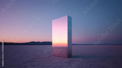 ysterious monolith reflecting pastel sky in desert landscape at twilight, evoking surrealism, isolation, and futuristic exploration themes