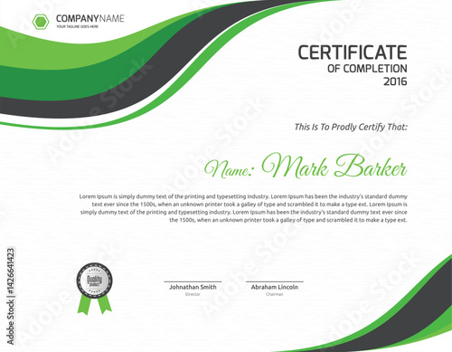 Certificate of Completion: An elegant certificate of completion design, rendered in a clean, modern style, ready for your custom data.