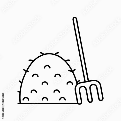 Black and white icon of a haystack with a pitchfork leaning on it, symbolizing rural horse care and feeding.