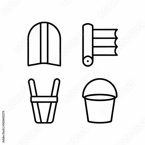 Black and white icon of summer tack: fly mask, light blanket, and bucket, symbolizing seasonal equestrian care.