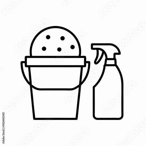 Line icon of a stable bucket with sponge and spray bottle, representing horse grooming and cleaning essentials.