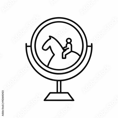 Minimalist icon of an arena mirror with horse and rider reflected, symbolizing dressage training and precision riding.