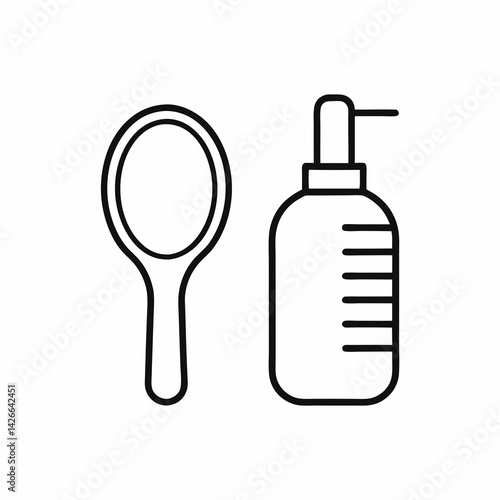 Black and white line icon of tail brush and detangler spray, angled view, representing detailed grooming in show prep.