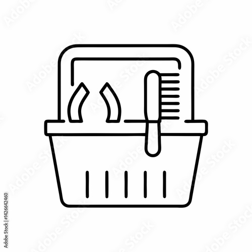 
Minimalist drawing of a grooming tote with hoof pick and curry brush, symbolizing basic horse care tools in daily use.