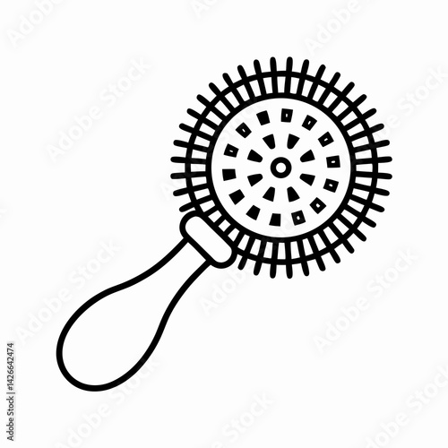 Minimalist line icon of a curry comb brush with a looped handle, used in horse grooming routines.